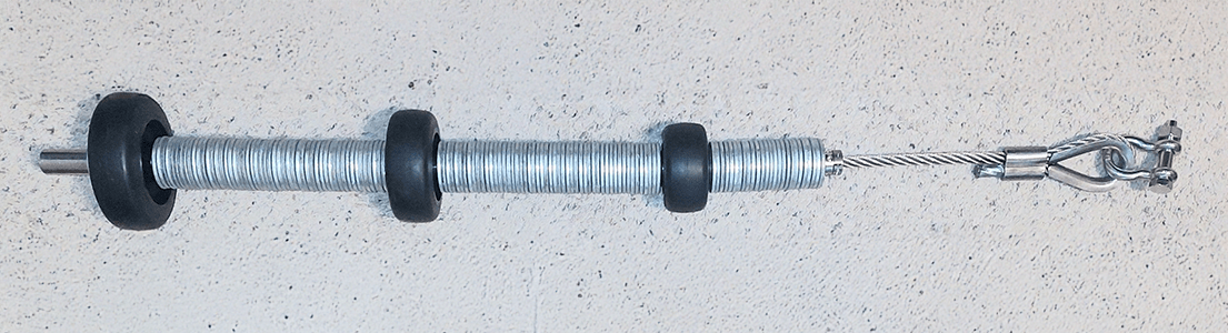 Weightlifting bar with rubber end caps and a cable attachment, designed for strength training. Its industrial look emphasizes fitness equipment functionality.